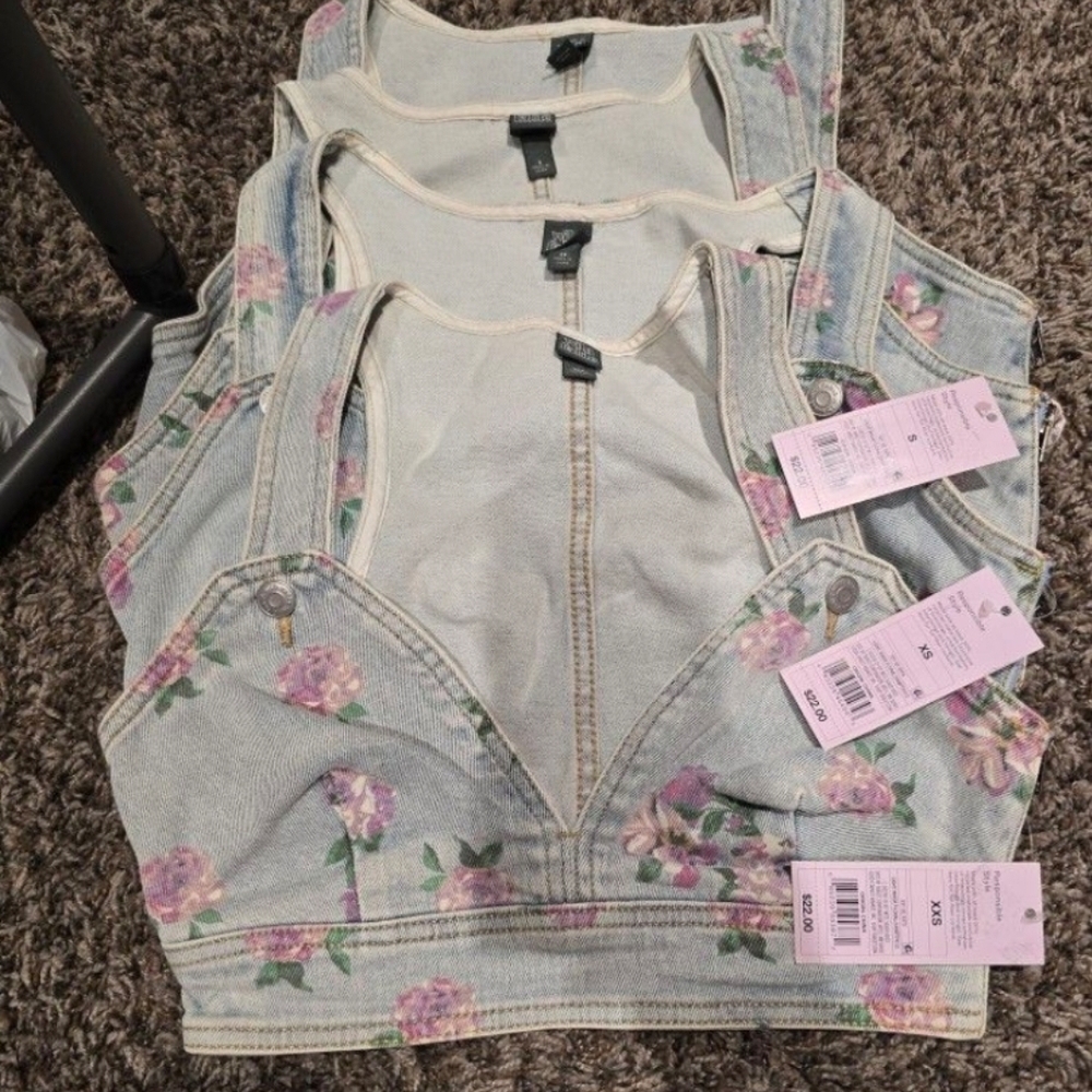 Floral Denim Crop Top with Pink Accents